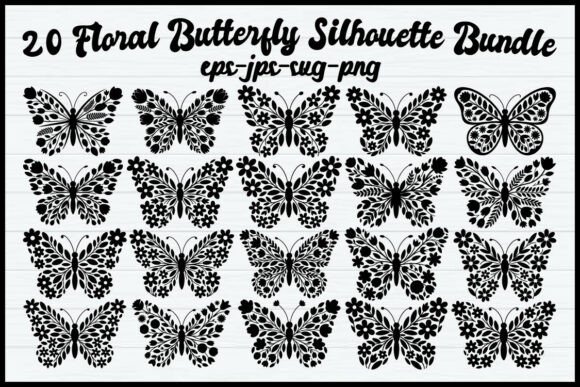 20 Floral Butterfly Silhouette Bundle Graphics and Illustrations