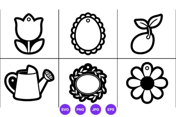 Floral Garden Tag Vector Line Art Set
