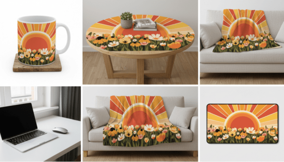 Retro Sunrise Floral Landscape Graphics and Illustrations