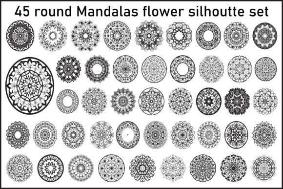 Round Floral Mandala Silhouette Set Graphics and Illustrations